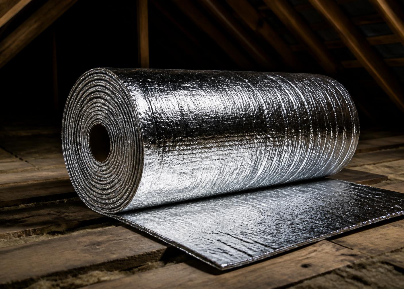 Roll of EcoQuilt 65 multifoil loft insulation in a roof space